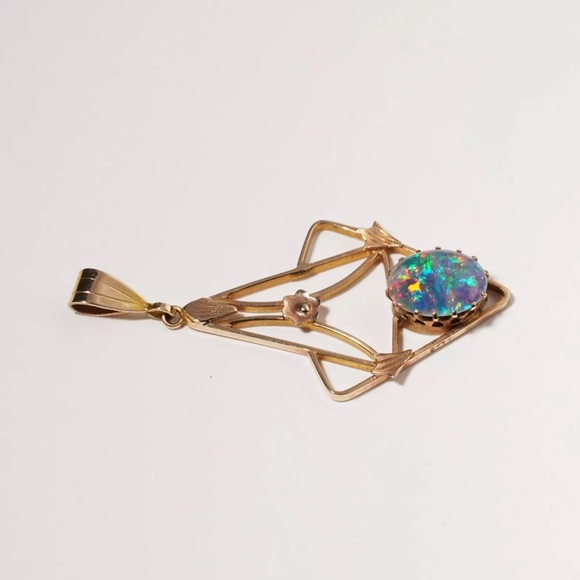 Antique Art Nouveau Australian Opal Triplet Lavaliere Pendant 9K Gold - Picture 3 of 15